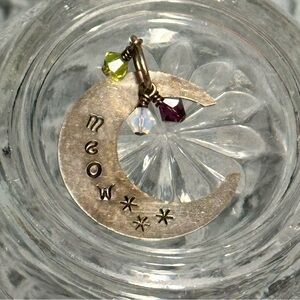 Sterling Silver Crescent Moon Meow Pendant with Crystals